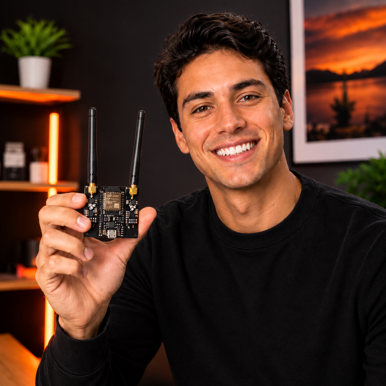 Homem sorrindo segurando o Bloqueador de som Bluetooth